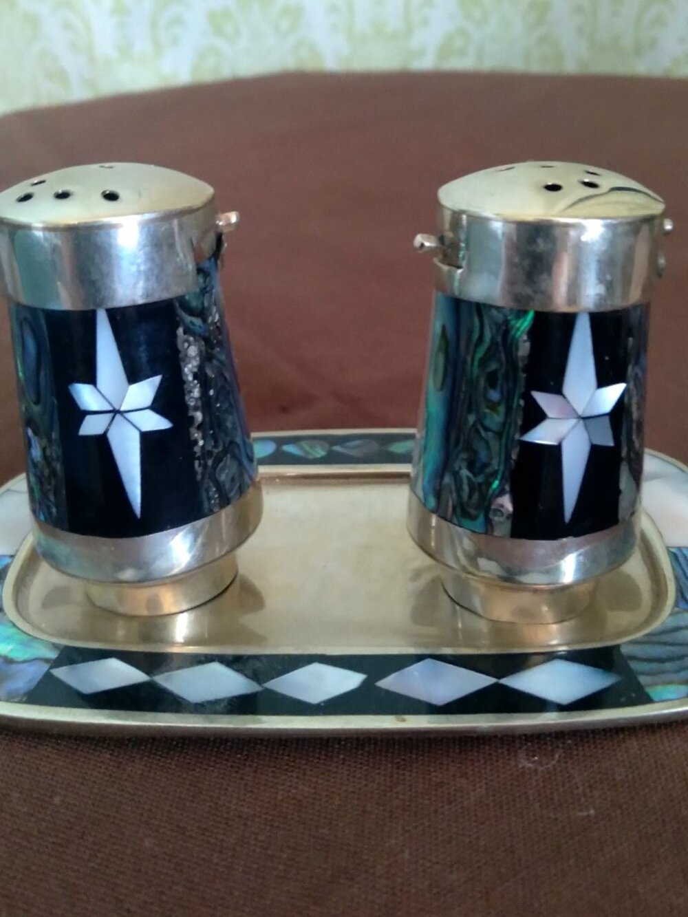 Vintage Alpaca Silver Mother-of-Pearl Abalone Salt & Pepper Shakers with Tray